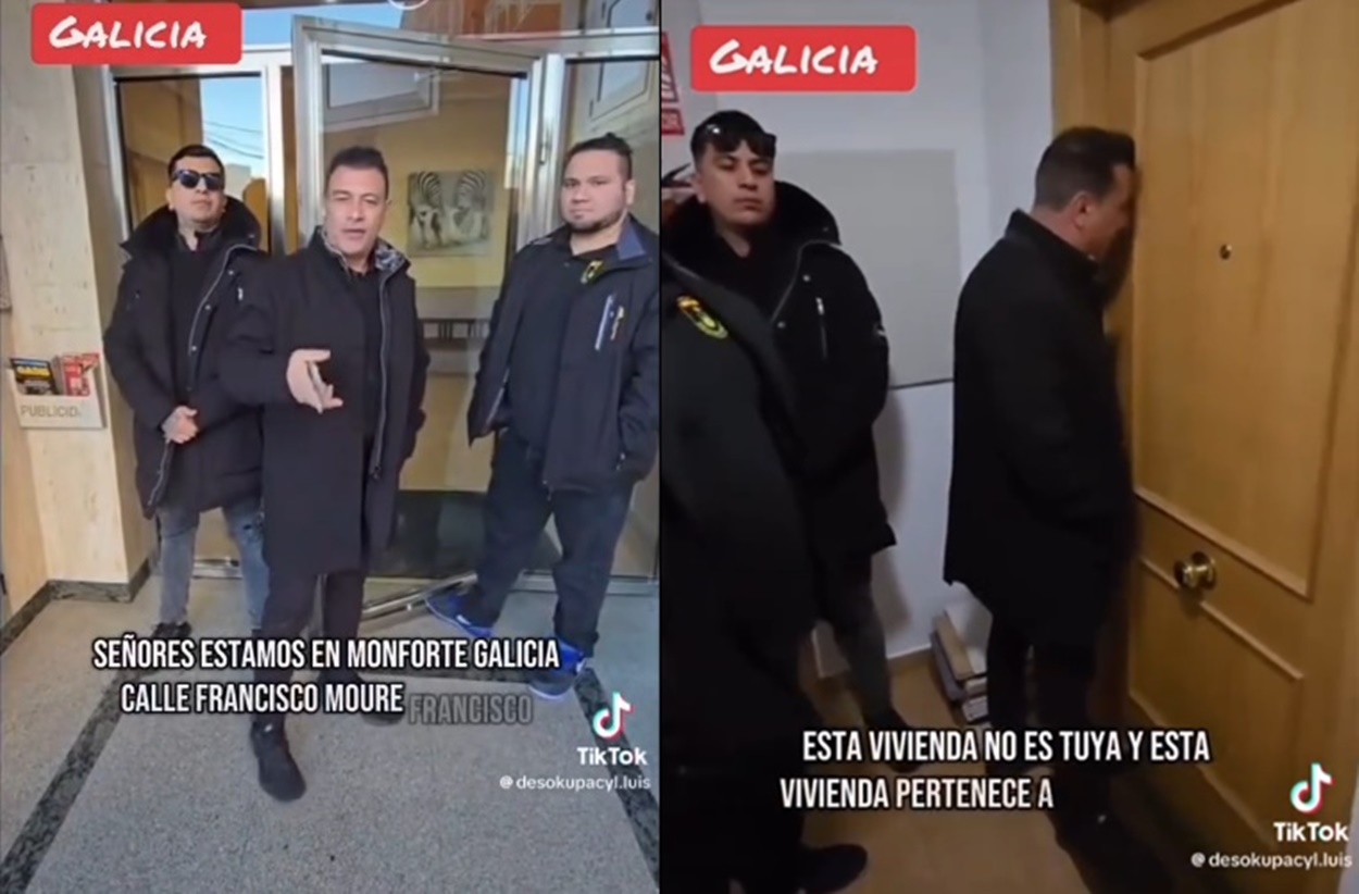 Montaje con dos momentos del intento de desocupación en la vivienda equivocada en Monforte de Lemos.