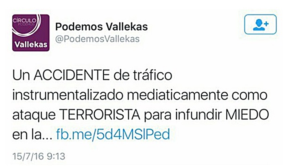Tuit de la supuesta cuenta de Podemos Vallekas que ha generado la polémica. 