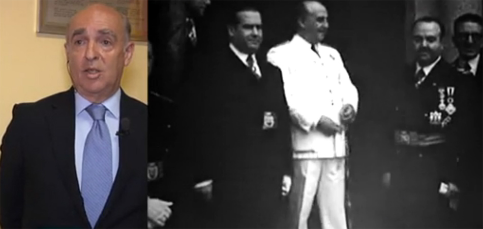 El presidente de la Fundación Francisco Franco, Gonzalo Fernández de la Mora, junto a una imagen del dictator