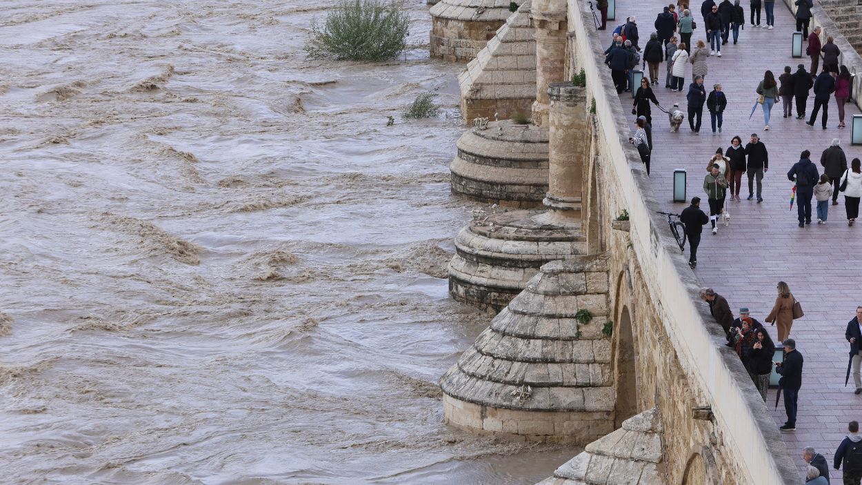 Gran crecida del Río Guadalquivir a su paso por el puente Romano de Córdoba. EP.