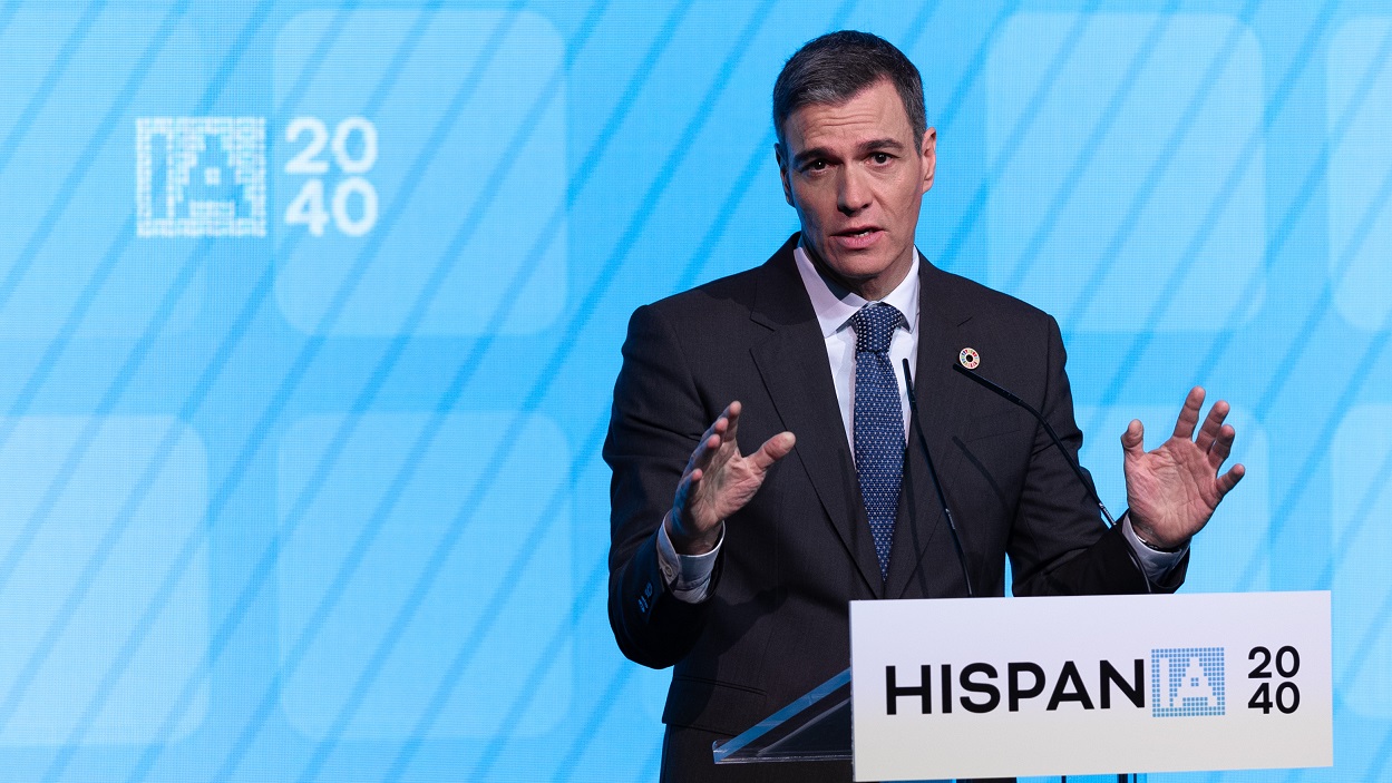 El presidente del Gobierno, Pedro Sánchez, interviene durante el acto "HispanIA 2040: como la inteligencia artificial mejorará nuestro futuro". E.P