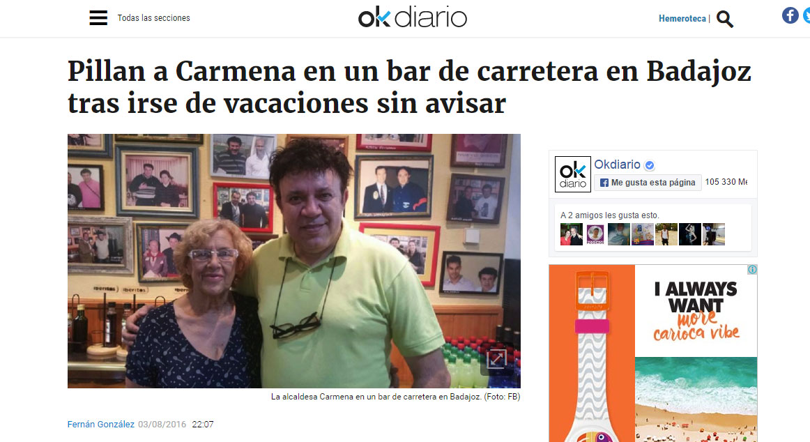 Pantallazo del periódico Okdiario con la noticia sobre Manuela Carmena