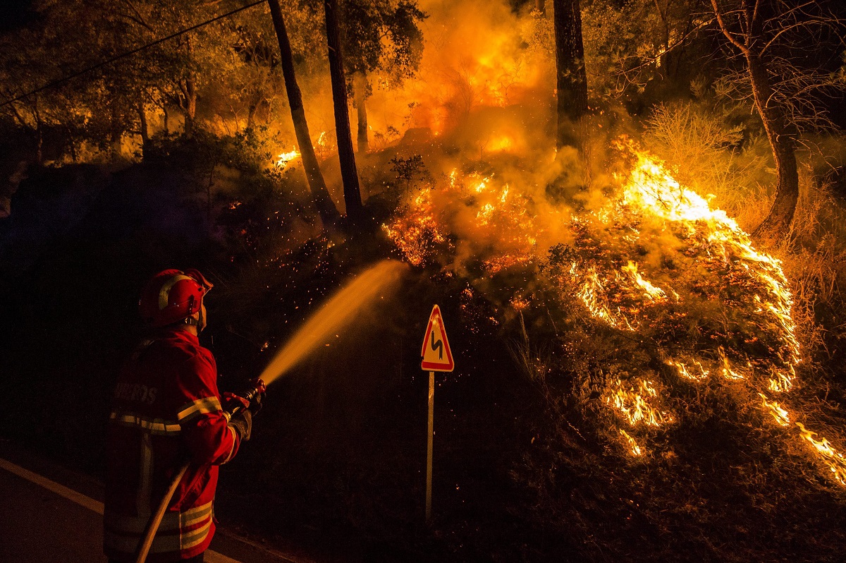 Un bombero intentando sofocar el fuego de un incendio en Portugal