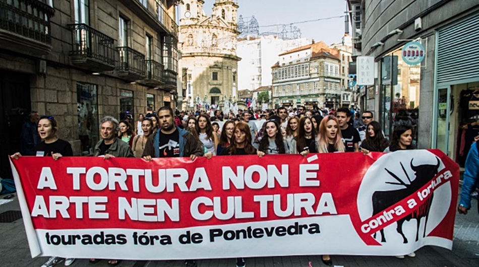Imagen tomada de Twitter de la manifestación antitaurina que este fin de semana recorrió las calles de Pontevedra. 