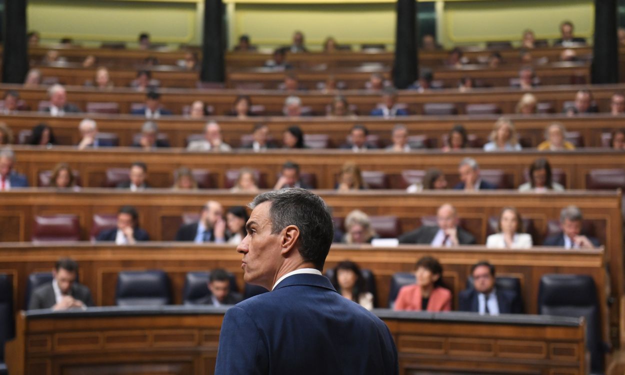 El presidente del Gobierno central, Pedro Sánchez, en una sesión de control en el Congreso de los Diputados. EP.