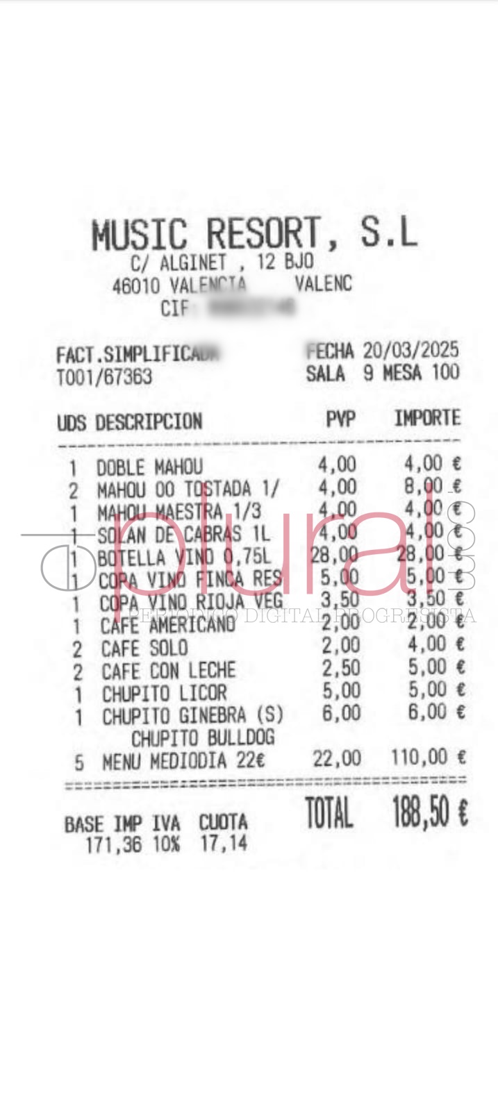 Factura comida Valencia