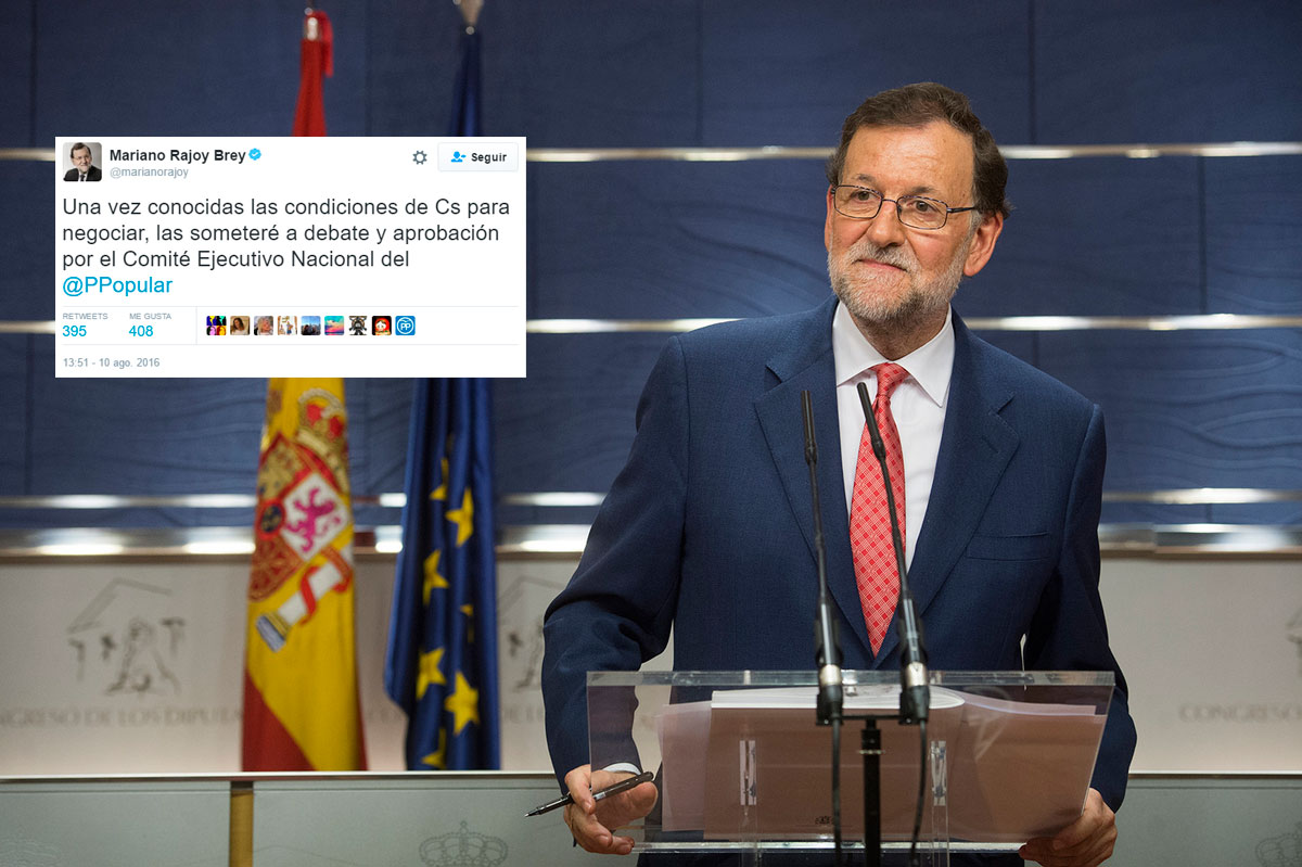 Mariano Rajoy y el tuit que él mismo escribió y demuestra su mentira. Flickr PP y Twitter Mariano Rajoy