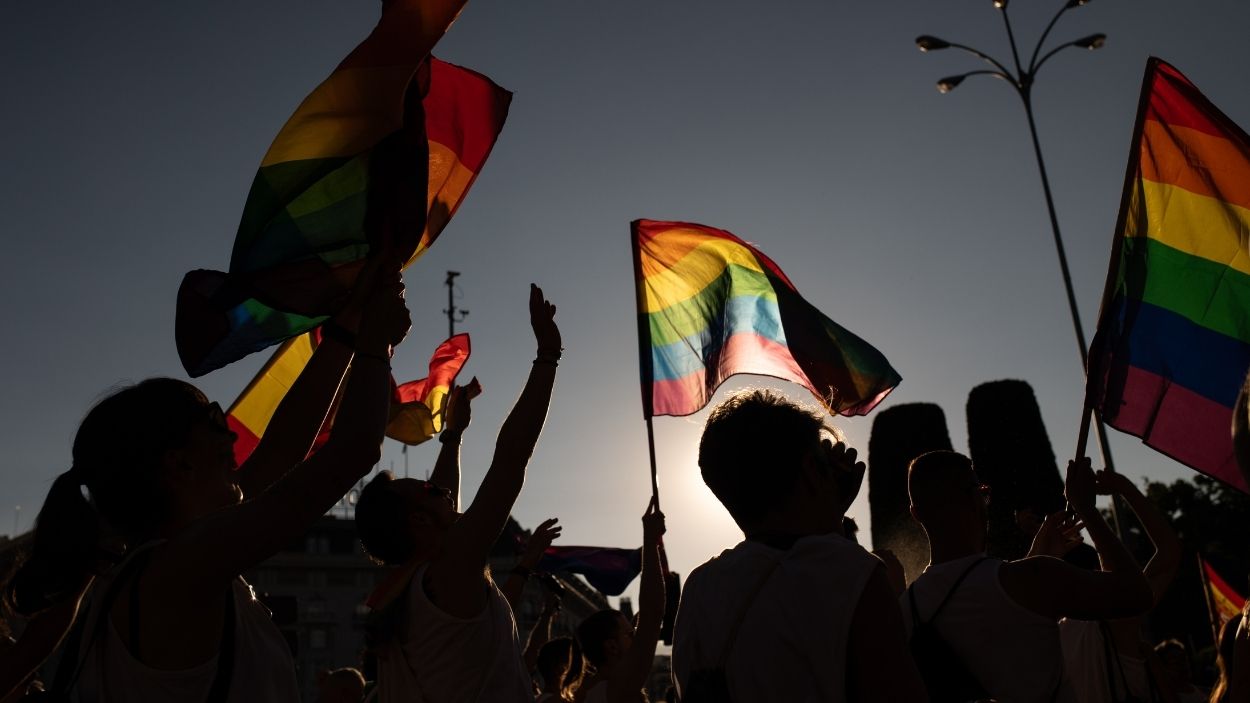 Varias personas con banderas LGTBI durante la manifestación estatal del Orgullo LGTBI+ 2024 en Madrid. EP.