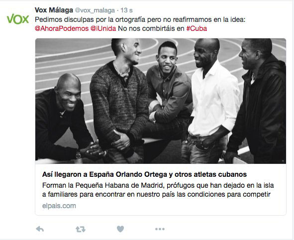 Mensaje de Izquierda Unida recogiendo el segundo tuit borrado de VOX Málaga