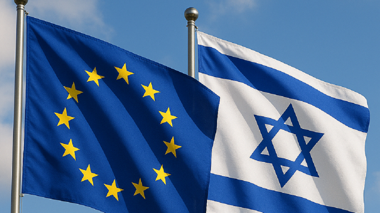 Montaje de las banderas de la Unión Europea e Israel. Montaje de las banderas de la Unión Europea e Israel.