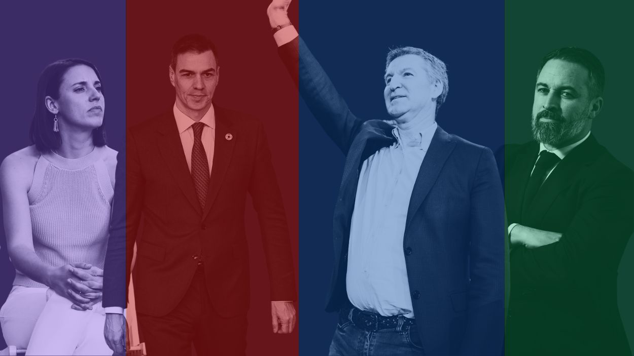 (I-D) Irene Montero, Pedro Sánchez, Alberto Núñez Feijóo y Santiago Abascal. Ilustración Propia.