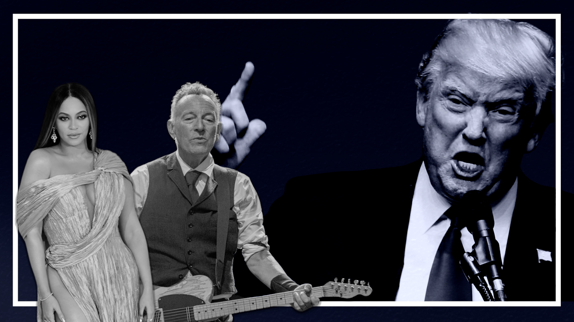 Ilustración del presidente de los Estados Unidos, Donald Trump, y los artistas Beyoncé y Bruce Springsteen. Elaboración propia