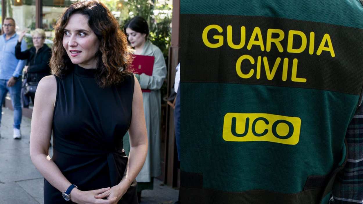 Isabel Díaz Ayuso y un agente de la UCO. Montaje
