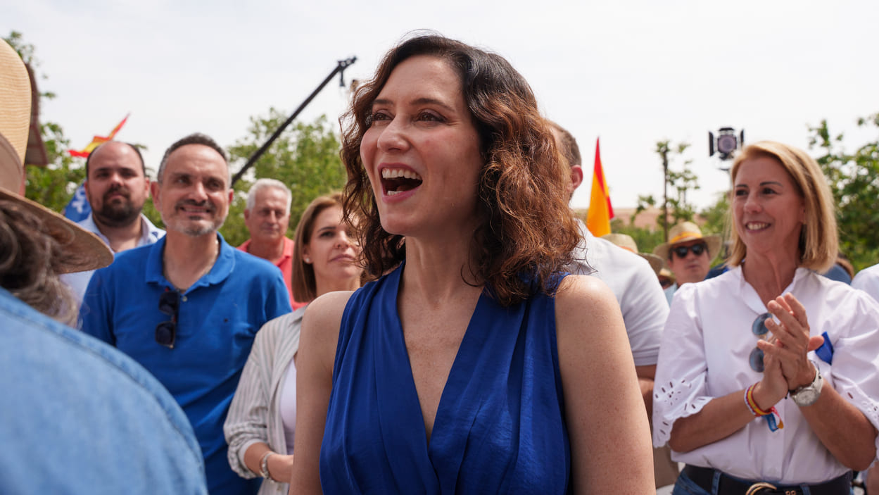 La presidenta de la Comunidad de Madrid, Isabel Díaz Ayuso, durante el acto en el que el Partido Popular hace balance de la gestión del Gobierno de la Comunidad de Madrid. EP.