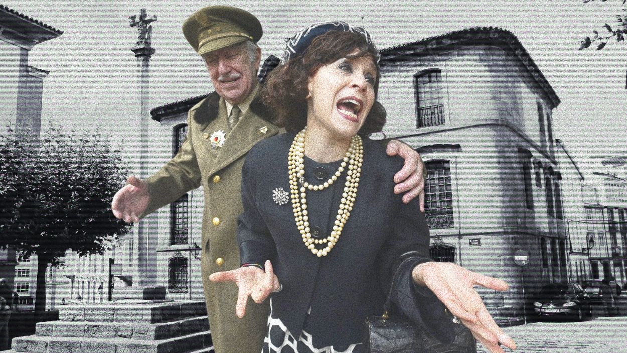 Actores interpretan a Francisco Franco y Carmen Polo frente a la Casa Cornide. Ilustración Propia. 