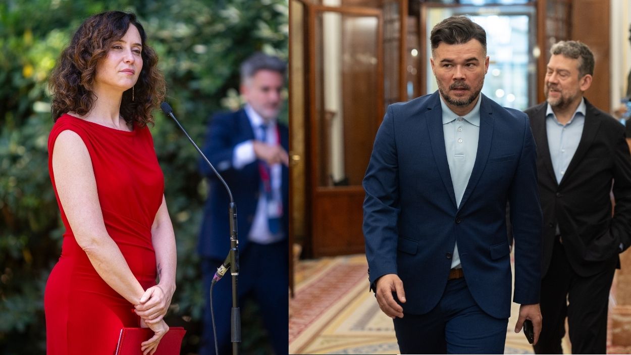 La presidenta de la Comunidad de Madrid, Isabel Díaz Ayuso y el  portavoz de ERC, Gabriel Rufián. EP.