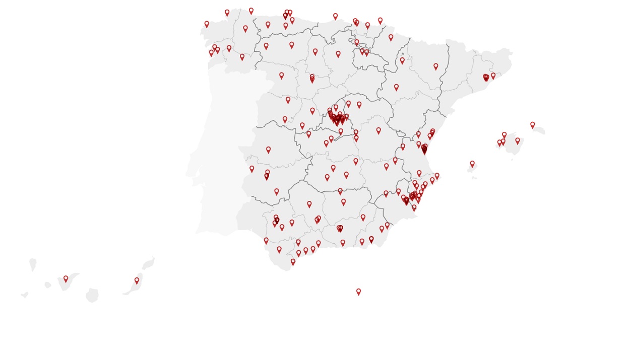 Mapa de las agresiones sufridas por las sedes socialistas desde noviembre de 2023 Mapa de las agresiones sufridas por las sedes socialistas desde noviembre de 2023