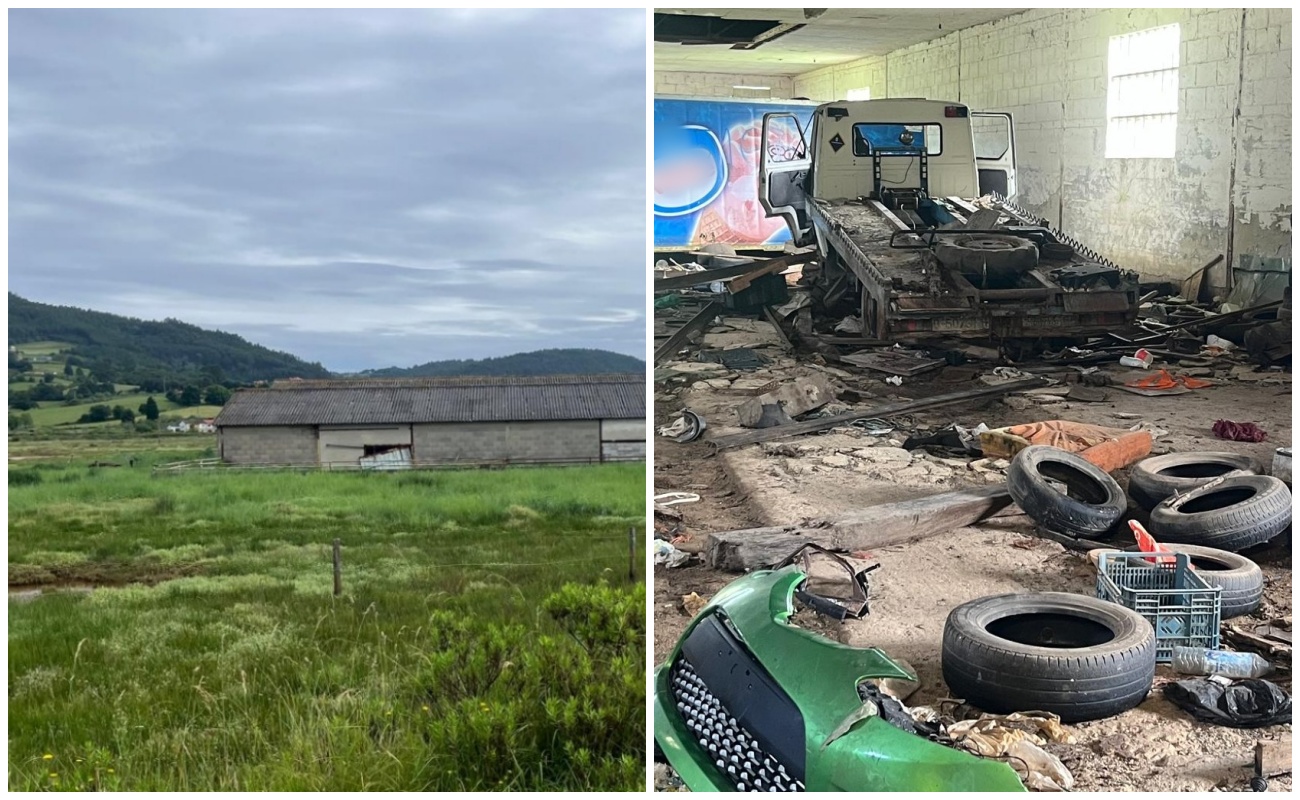 Exterior e interior del desguace de coches ilegal situado en la Reserva Natural Parcial Ría de Villaviciosa de Asturias