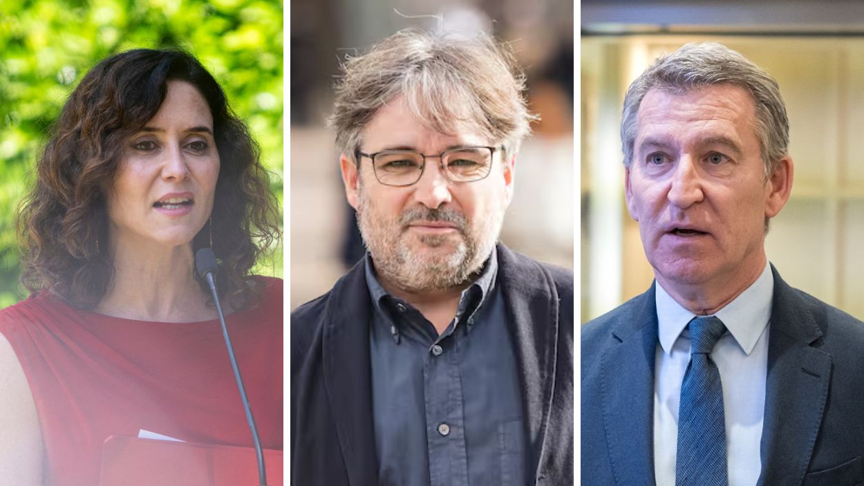 Isabel Díaz Ayuso, Jordi Évole y Alberto Núñez Feijóo en un fotomontaje. Elaboración propia.