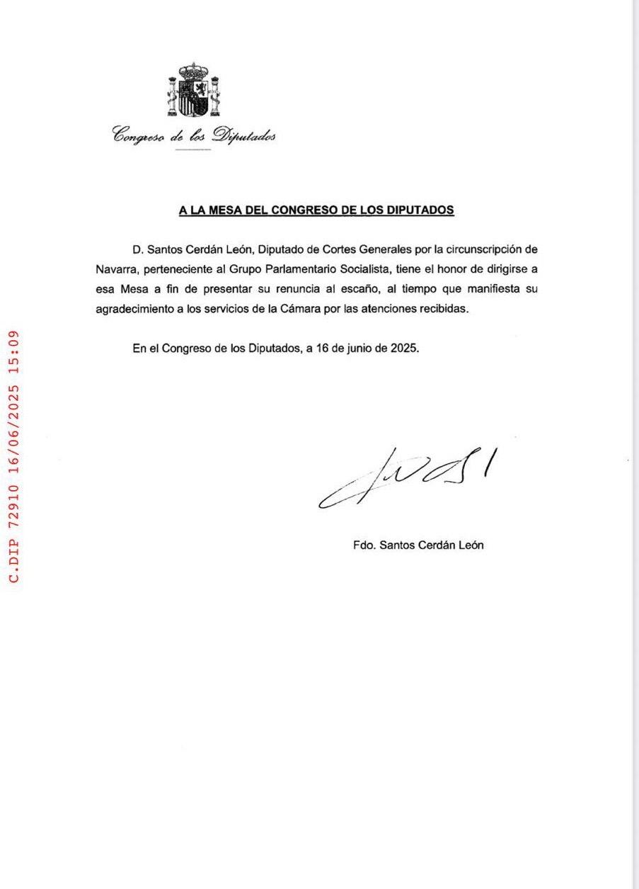 Renuncia al acta de diputado de Santos Cerdán. Renuncia al acta de diputado de Santos Cerdán.