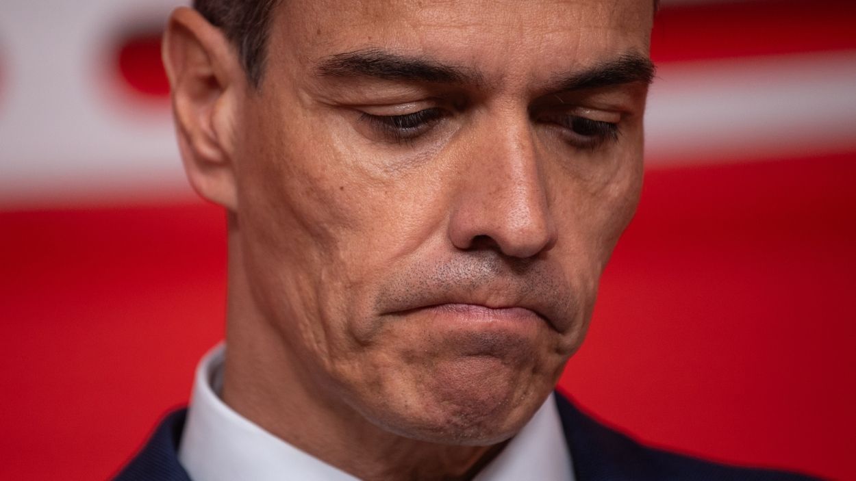 Pedro Sánchez en una rueda de prensa en la sede del PSOE. EP