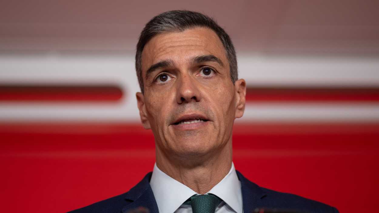 Pedro Sánchez, durante la comparecencia en la sede del PSOE. EP