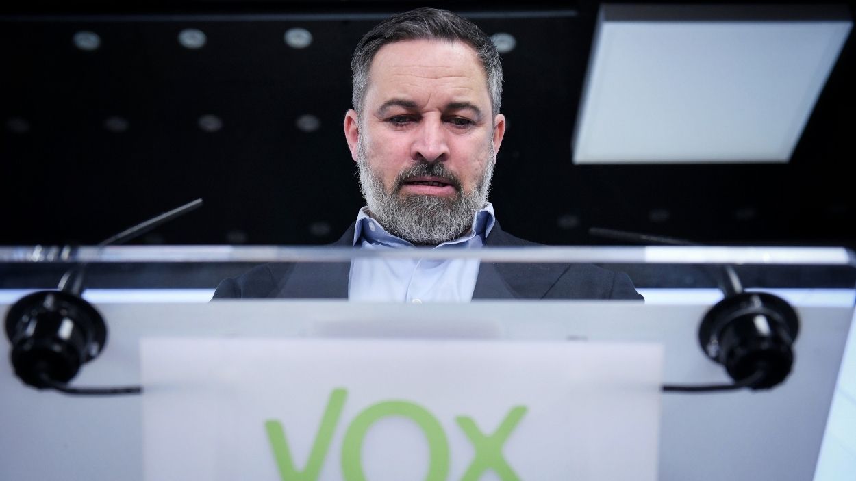 El líder de VOX, Santiago Abascal, durante una rueda de prensa. EP/Archivo.