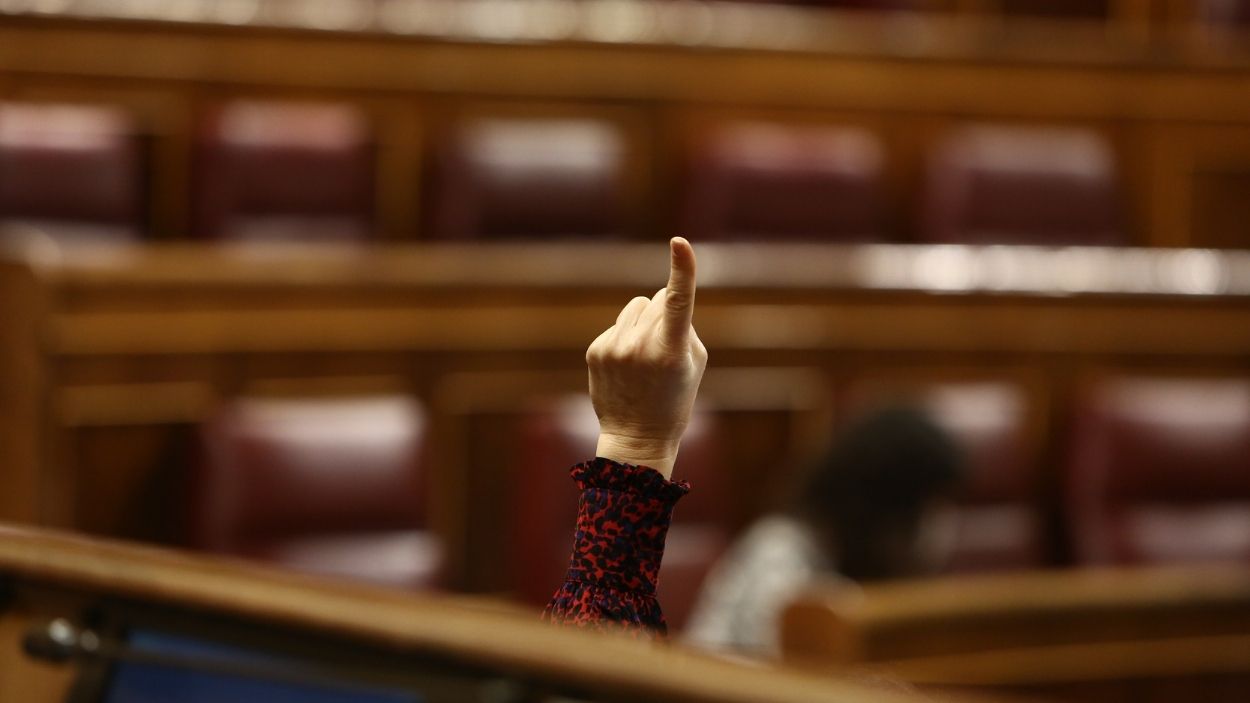 Una mujer levanta la mano durante una sesión plenaria en el Congreso de los Diputados. EP/Archivo.