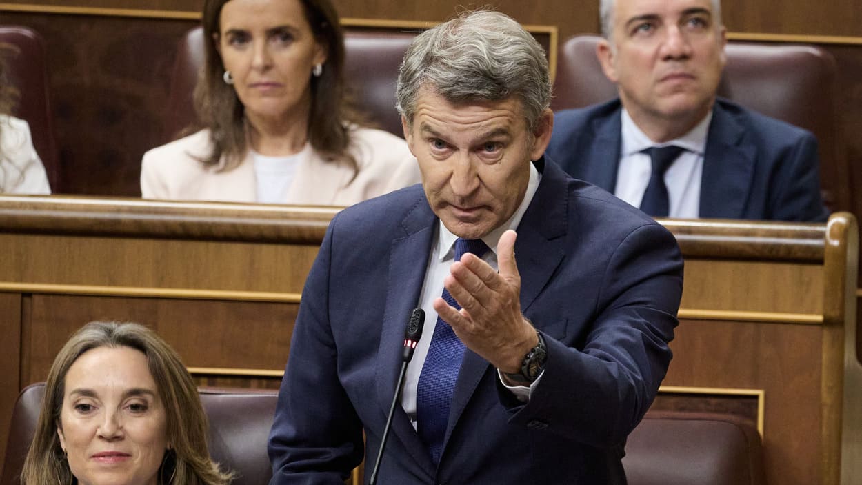 El presidente del PP, Alberto Núñez Feijóo, interviene durante una sesión de control al Gobierno en el Congreso de los Diputados. EP.