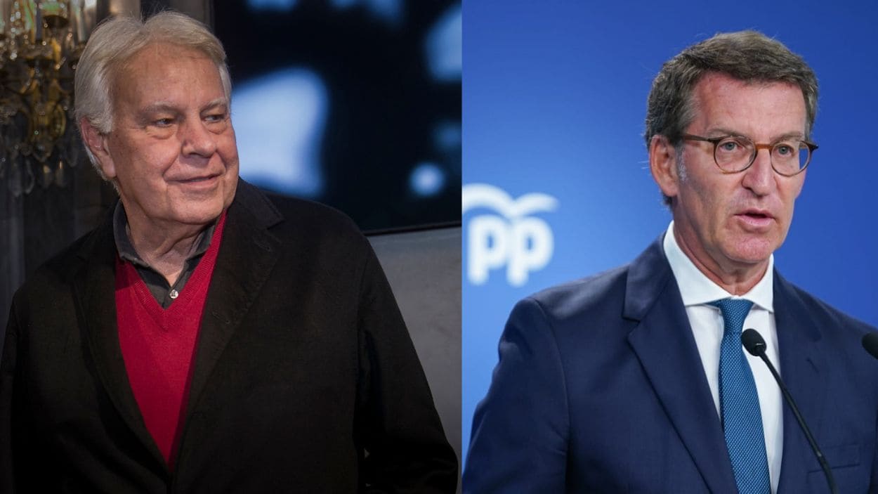 El líder del Partido Popular, Alberto Núñez Feijóo, y el expresidente del Gobierno, Felipe González. Creación propia
