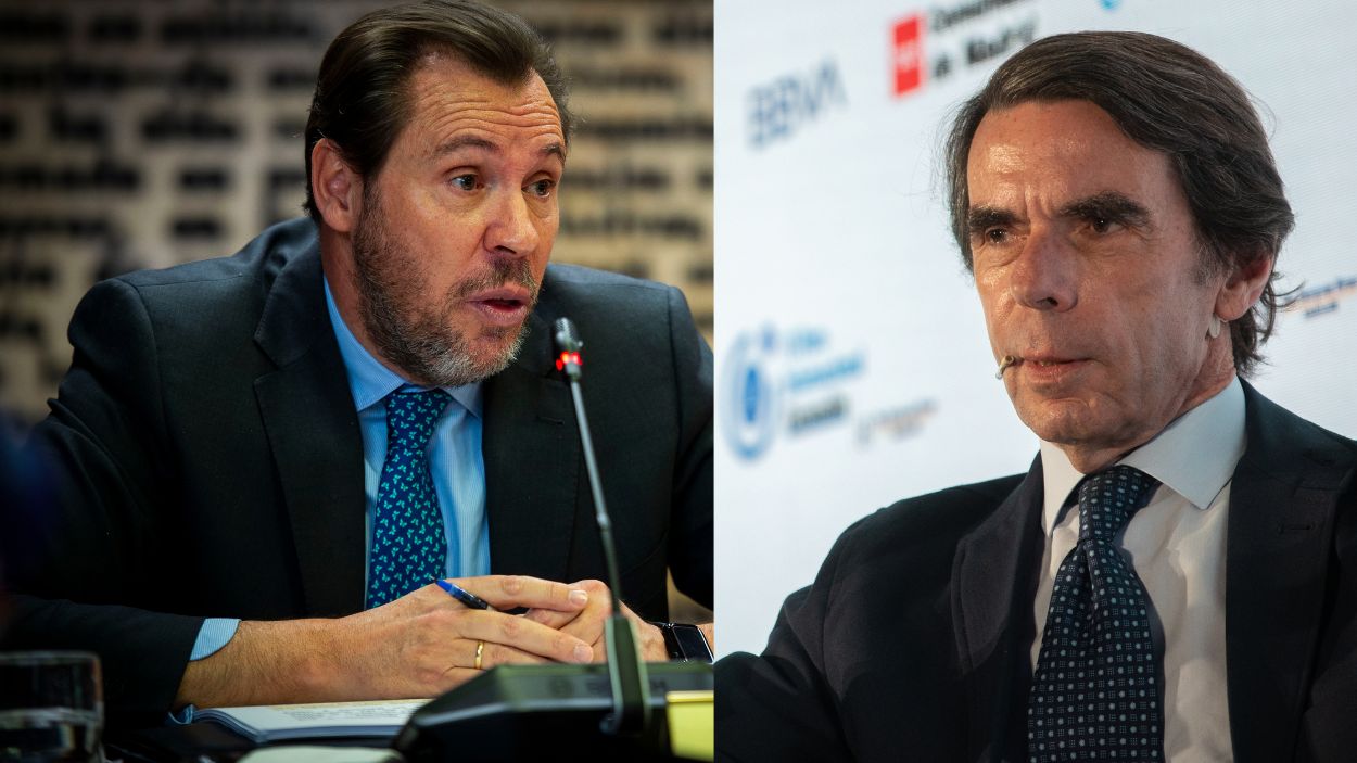 El expresidente del Gobierno José María Aznar y el ministro de Transportes y Movilidad Sostenible, Óscar Puente. EP.
