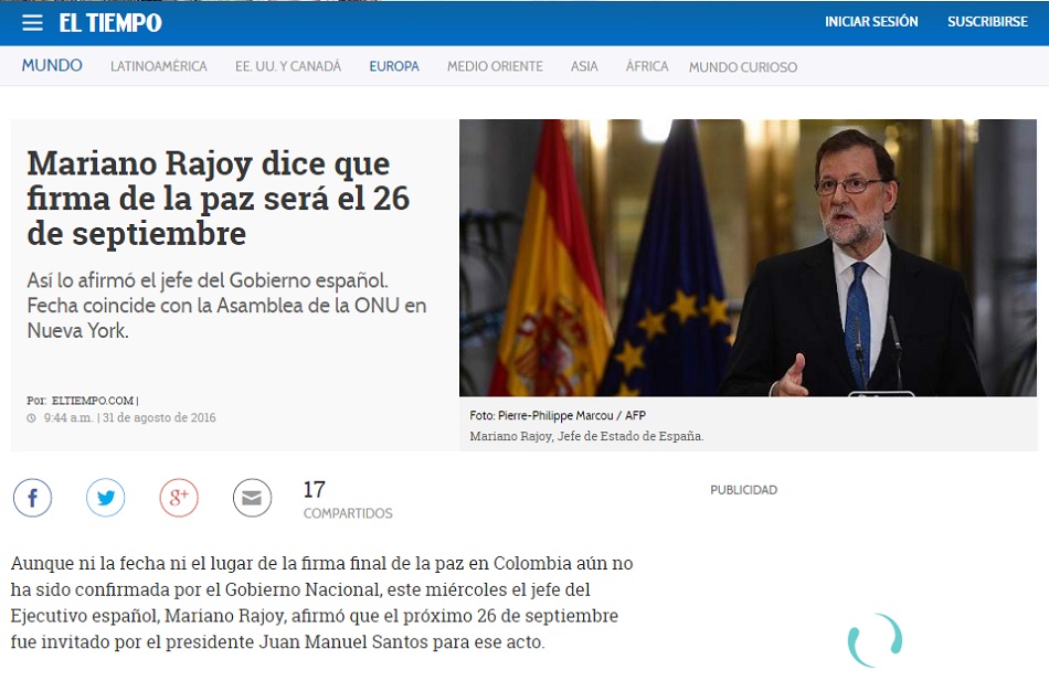 El digital colombiano El Tiempo ha sido uno de los que se ha hecho eco de la metedura de pata de Rajoy.