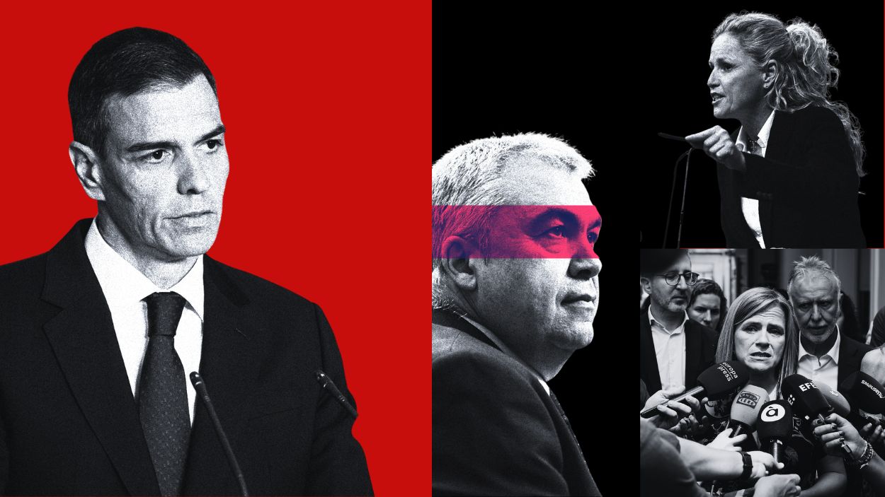 Pedro Sánchez, Santos Cerdán, Montse Mínguez (S) y Pilar Bernabé (I). Ilustración Propia.