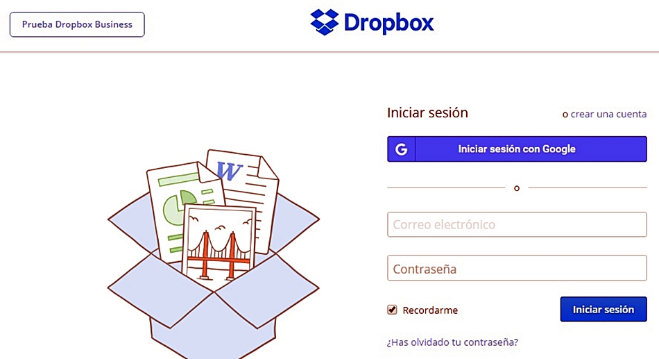 Pantalla principal de acceso a la web de Dropbox.