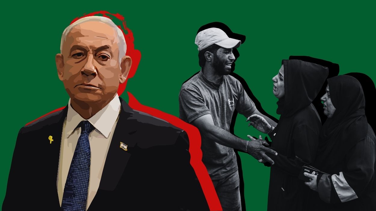 Netanyahu y palestinos que están llorando tras un ataque israelí. Elaboración propia 