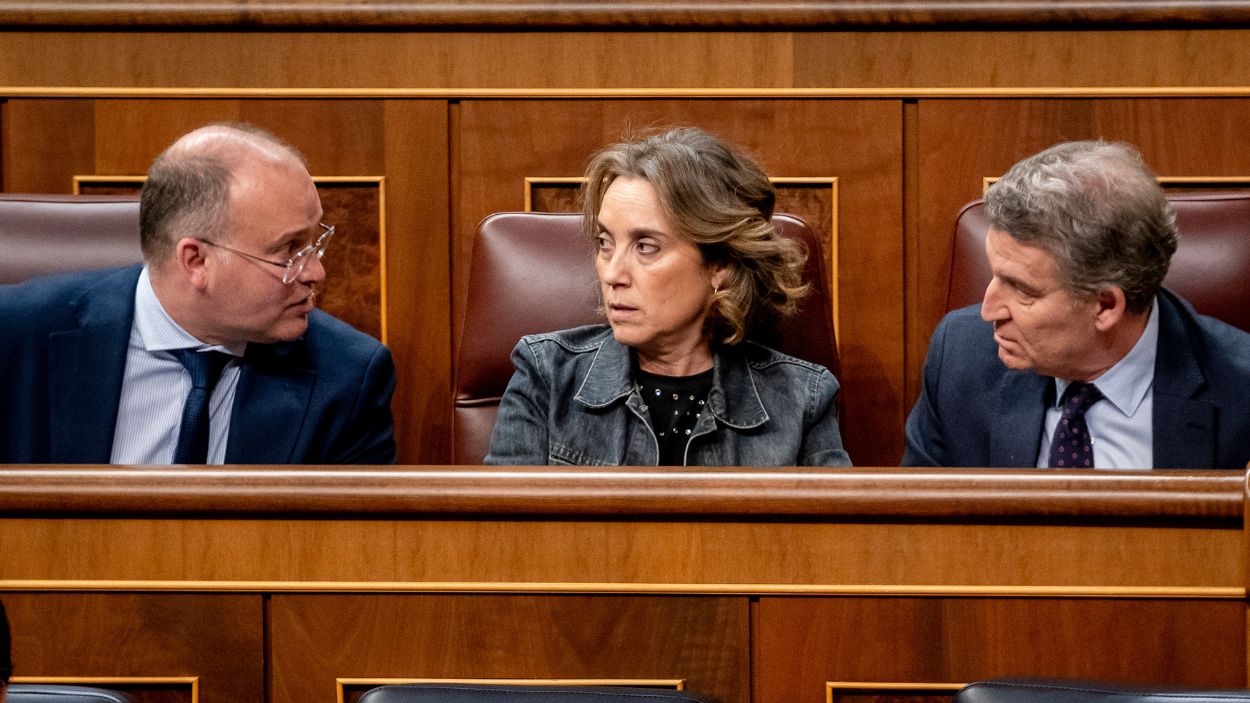 Miguel Tellado, Cuca Gamarra y Alberto Núñez Feijóo en la bancada del PP en el Congreso de los Diputados. EP.
