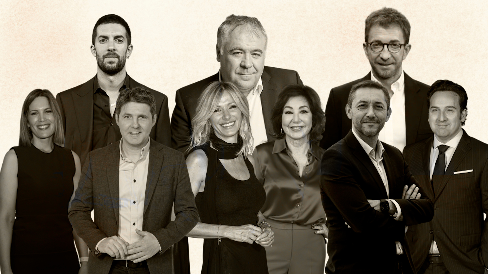 Ilustración de Silvia Intxaurrondo, David Broncano, Jesús Cintora, Susanna Griso, Antonio García Ferreras, Ana Rosa Quintana, Pablo Motos, Javier Ruíz e Iker Jiménez. Elaboración propia