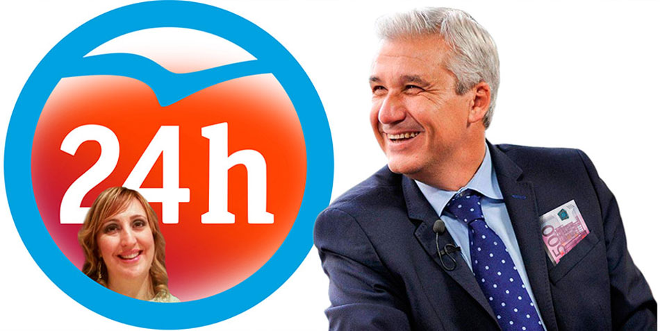 Victor Arribas, nuevo presentador del 24horas, junto con el logo PP/24h y la cara de su nueva jefa, Elena Sánchez