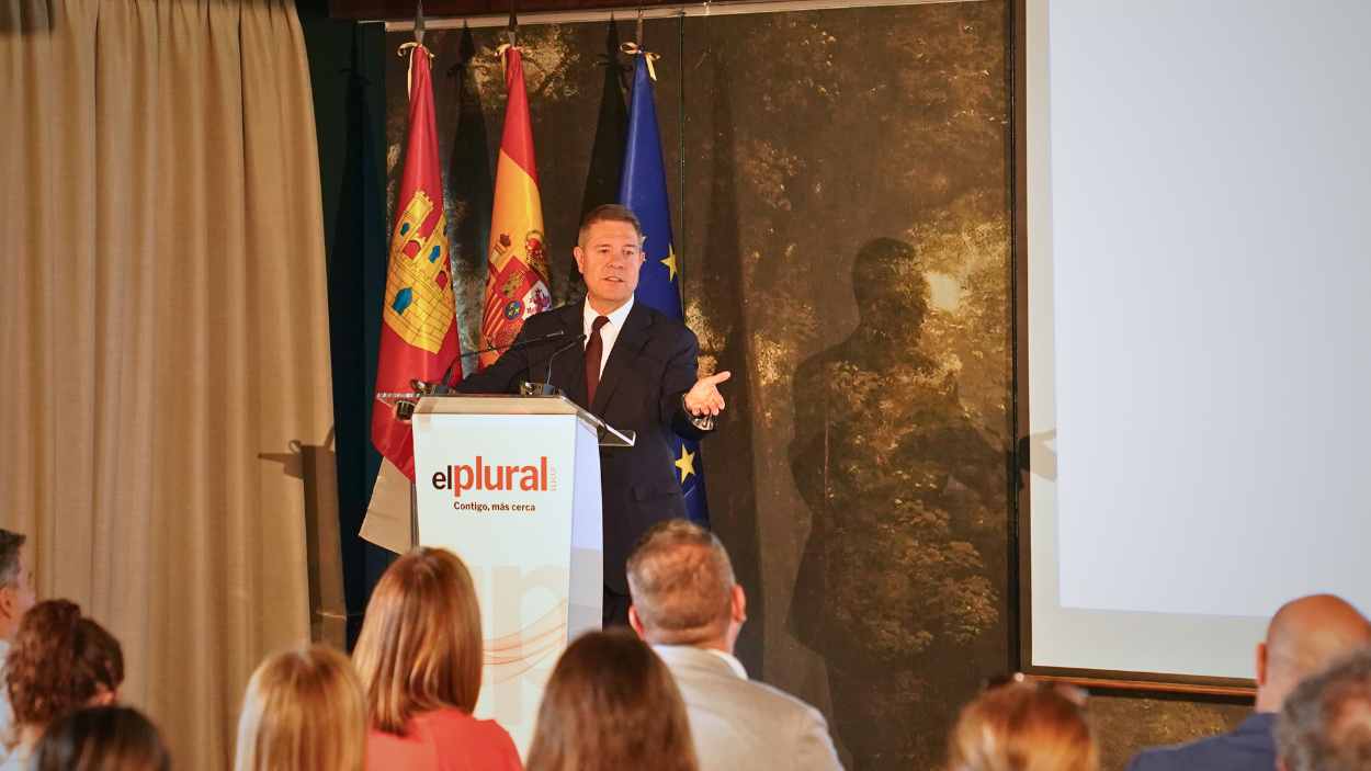 El presidente de la Región, Emiliano García Page, durante su discurso en el Parador de Toledo.