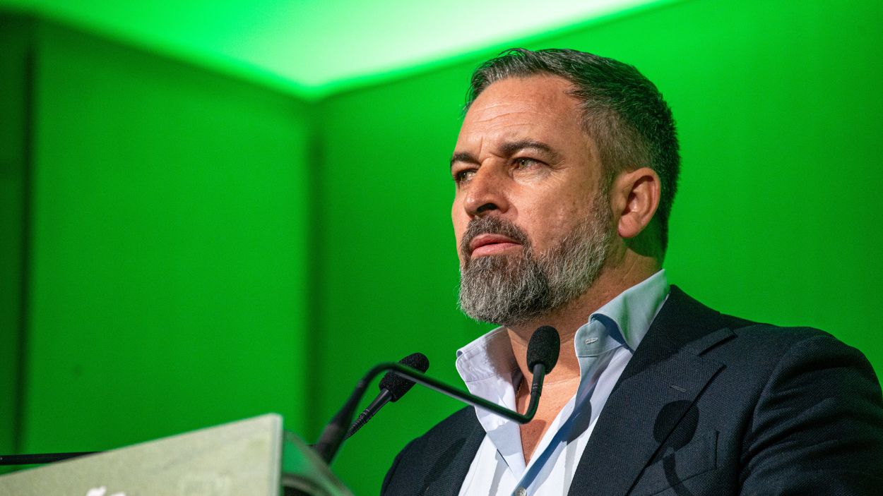 El presidente de Vox, Santiago Abascal, durante una comparecencia en la sede del partido. EP.