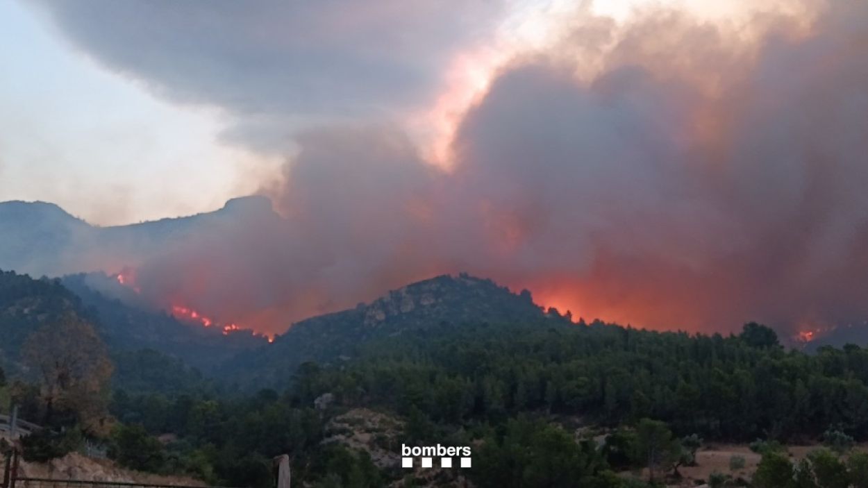El viento nocturno complica la extinción del fuego en Paüls (Tarragona), que quema 1.500 hectáreas. Bombers de la Generalitat.