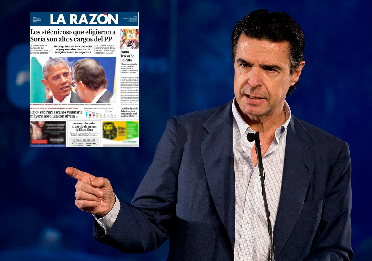 El exministro José Manuel Soria junto con la portada de 'La Razón' del lunes 5 de septiembre