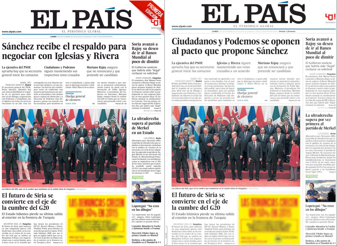 Ambas versiones de la portada de 'El País' del lunes cinco de septiembre