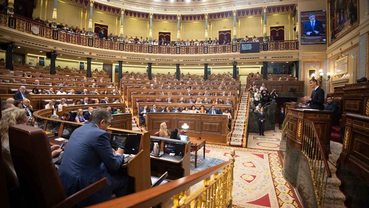 El presidente del Gobierno, Pedro Sánchez, interviene durante un pleno extraordinario, en el Congreso de los Diputados. EP.