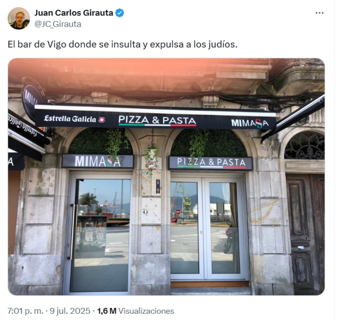 Mensaje de Juan Carlos Girauta sobre el restaurante de Vigo que expulsó a unos israelíes Mensaje de Juan Carlos Girauta sobre el restaurante de Vigo que expulsó a unos israelíes
