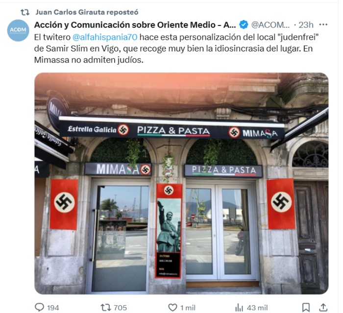 Retuiteo de Juan Carlos Girauta sobre restaurante de Vigo que expulsó a unos judíos Retuiteo de Juan Carlos Girauta sobre restaurante de Vigo que expulsó a unos judíos