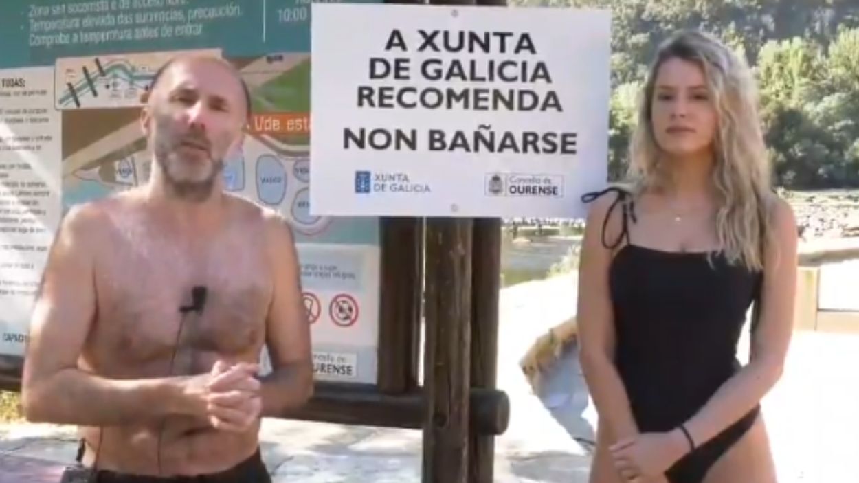 Gonzalo Pérez Jácome, a lo Fraga en Palomares, para demostrar la salubridad de las Termas do Muiño. Redes sociales. 