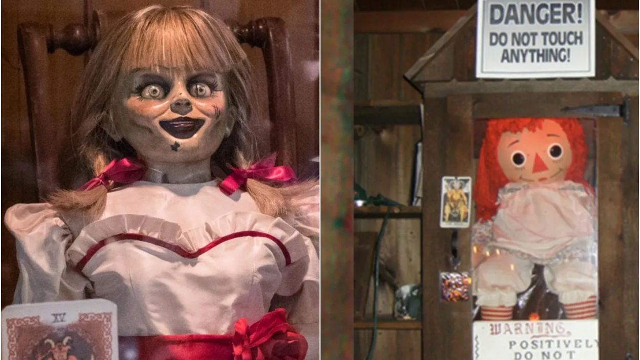 La diabólica muñeca Annabelle, a la derecha su versión cinematográfica y a la izquierda la original. Foto Twitter (@creepydotorg)