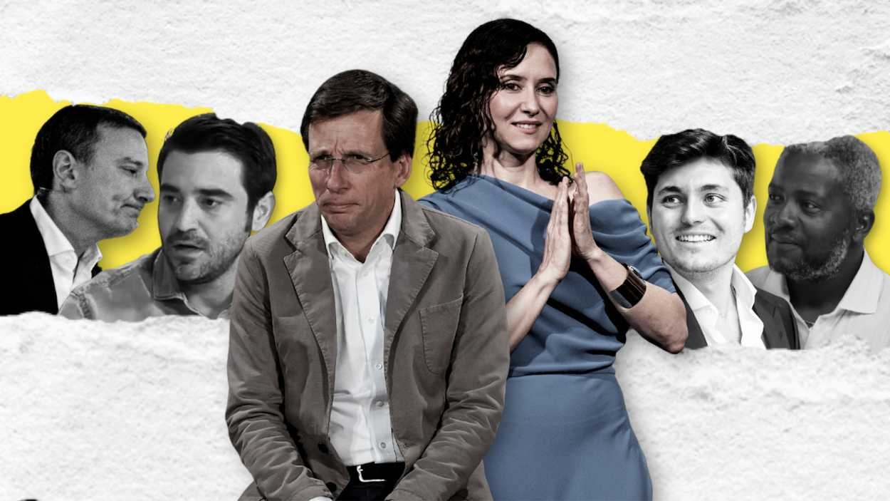 José Luis Martínez Almeida e Isabel Díaz Ayuso con algunos rostros de la derecha y ultraderecha mediática. Jesús Olmedo