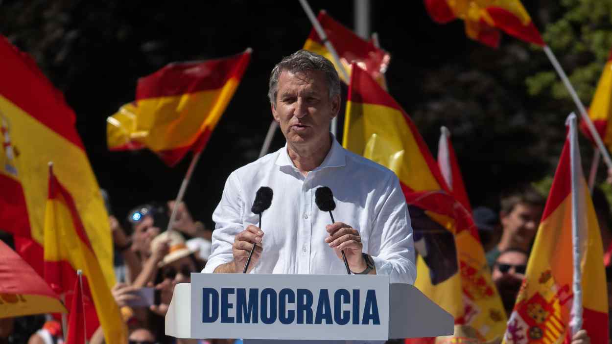 Feijóo en un acto del PP contra el Gobierno de Sánchez. EP